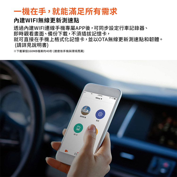 一機在手,就能滿足所有需求內建WIFI無線更新測速點透過內建WIFI連線手機專屬APP後,可同步行車記錄器、即時觀看畫面、備份下載,不須插拔記憶卡,就可直接在手機上格式化記憶卡,並以OTA無線更新測速點和韌體。(請詳見說明書)※下載單個160MB檔案約40秒(速度依手機與環境而異)即時設定