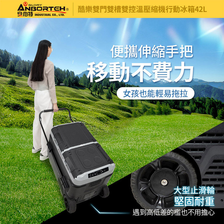 GLORYANBORTEH酷樂雙門雙槽雙控溫壓縮機行動冰箱42LINDUSTAIAL CO., LTD.便攜伸縮手把移動不費力女孩也能輕易拖拉大型止滑輪堅固耐重遇到高低差的檻也不用擔心